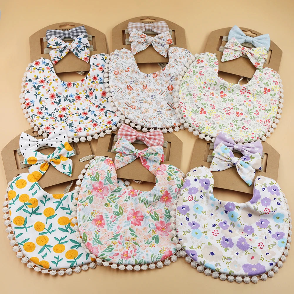 3Pcs/Set Flower Print Cotton Linen Baby Boy Girl Bibs Elastic Nylon Headband Double-Deck Saliva Towel Feeding Bandana Apron Burp