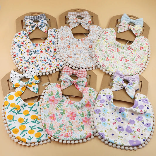 3Pcs/Set Flower Print Cotton Linen Baby Boy Girl Bibs Elastic Nylon Headband Double-Deck Saliva Towel Feeding Bandana Apron Burp
