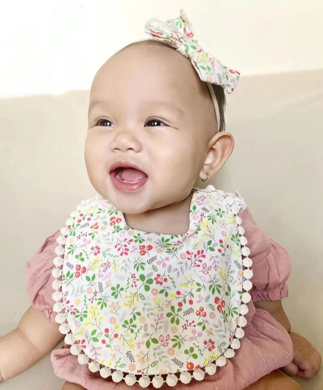 3Pcs/Set Flower Print Cotton Linen Baby Boy Girl Bibs Elastic Nylon Headband Double-Deck Saliva Towel Feeding Bandana Apron Burp