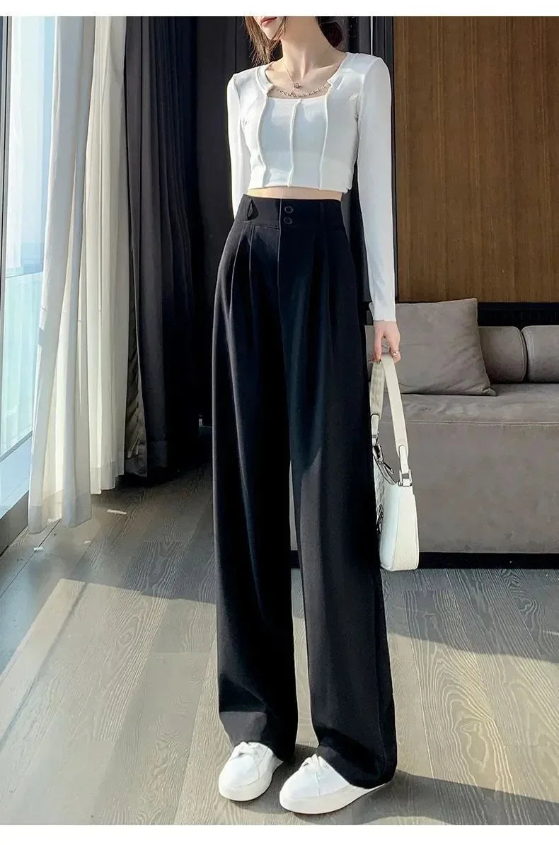 Elegant Wide Leg Pants Women Korean Style High Waist Black Baggy Pants Office Ladies Fashion Loose Suit Trousers Streetwear