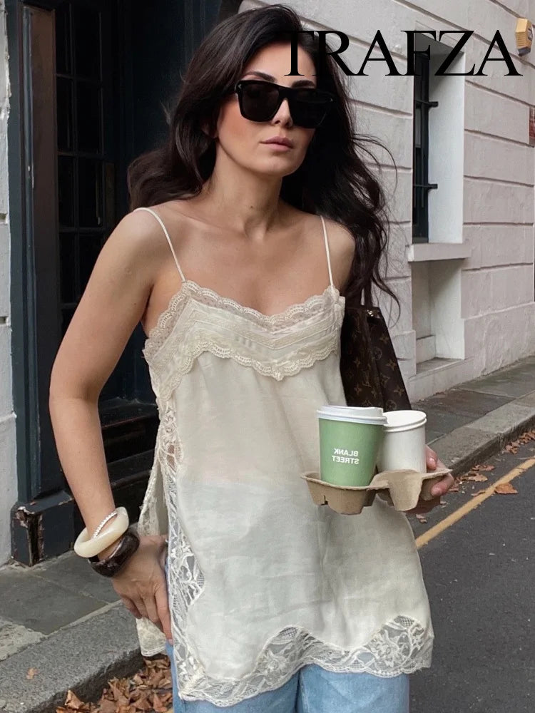 TRAFZA Female 2025 Summer Fashion V-neck Lace Spliced Split Sling Top Women Chic Sexy Backless Party Style Casual Camisole Top