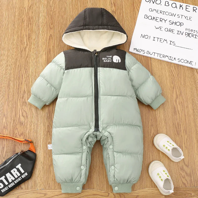 Infant Babys Girls Ski Suits Winter Spliced Letter Thicken Warm Newborn Girls Jumpsuits Plush Kids Girls Hooded Parkas Snowsuits