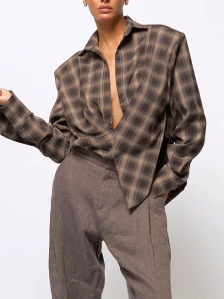Vintage Plaid V-neck Shirts Women Sexy Patchwork Full Sleeve Loose Pleated Blouse Female 2025 Fashion Autumn Lady Outwears
