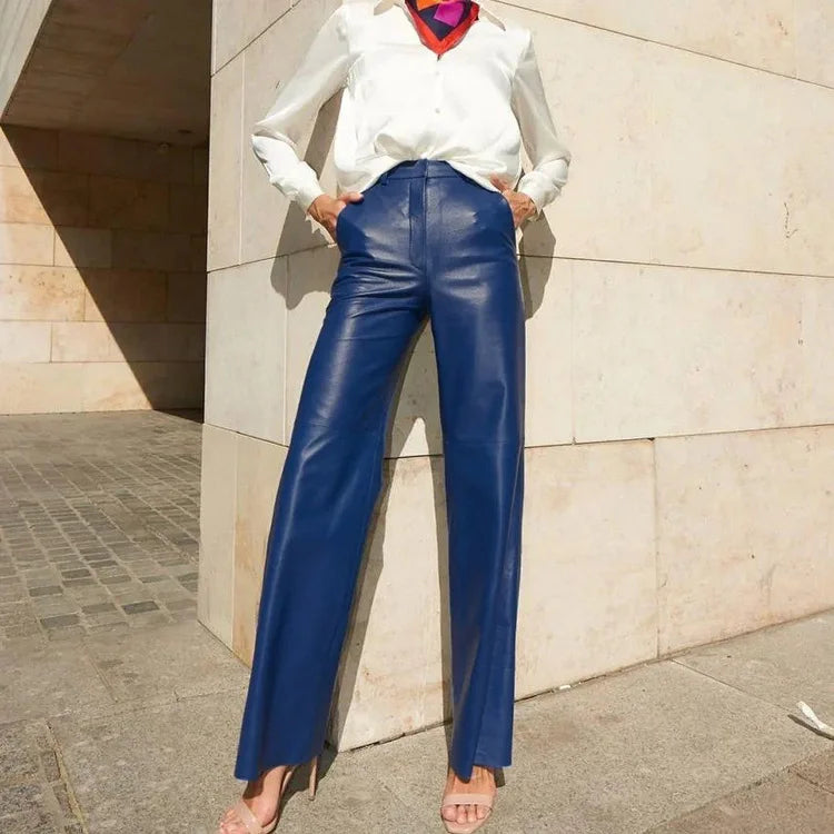 Fashion Solid Color PU Leather Pants Women 2025 New Trendy Lady Commuting Clothing High Waist Straight Trousers Women's Pants
