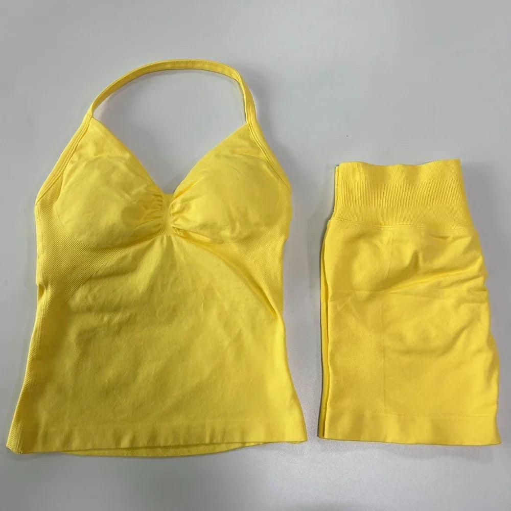2 sets of sportswear, peach-bottomed shorts set, drawstring top, seamless impact tight shorts, yoga outfit, fitness set