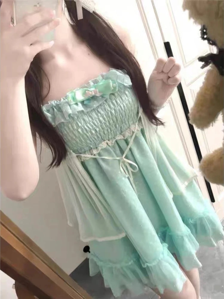 Japanese Fashion Sweet Cute 2 Piece Set Women Mini Lace Tops + Polka Dot Dress New Fit Chic Kawaii Fluffy Retro Suit Summer 2025