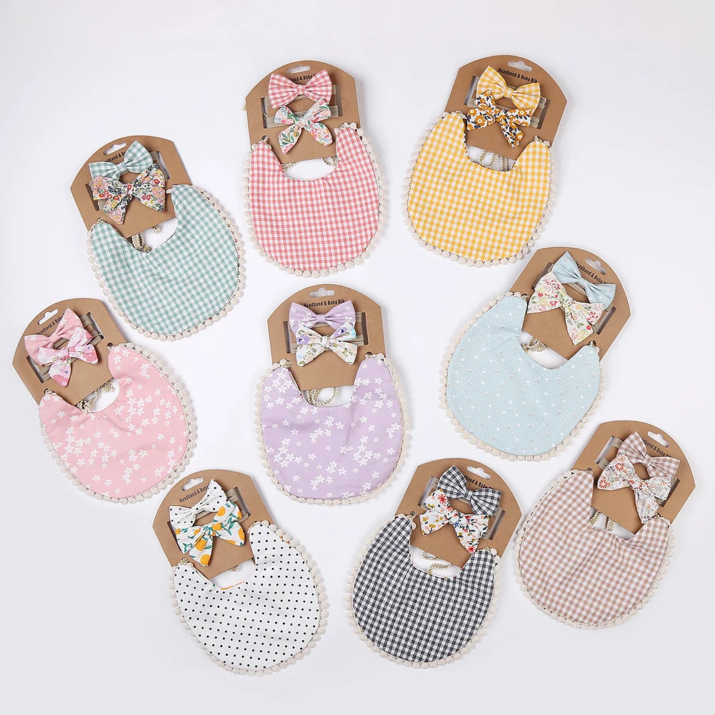 3Pcs/Set Flower Print Cotton Linen Baby Boy Girl Bibs Elastic Nylon Headband Double-Deck Saliva Towel Feeding Bandana Apron Burp