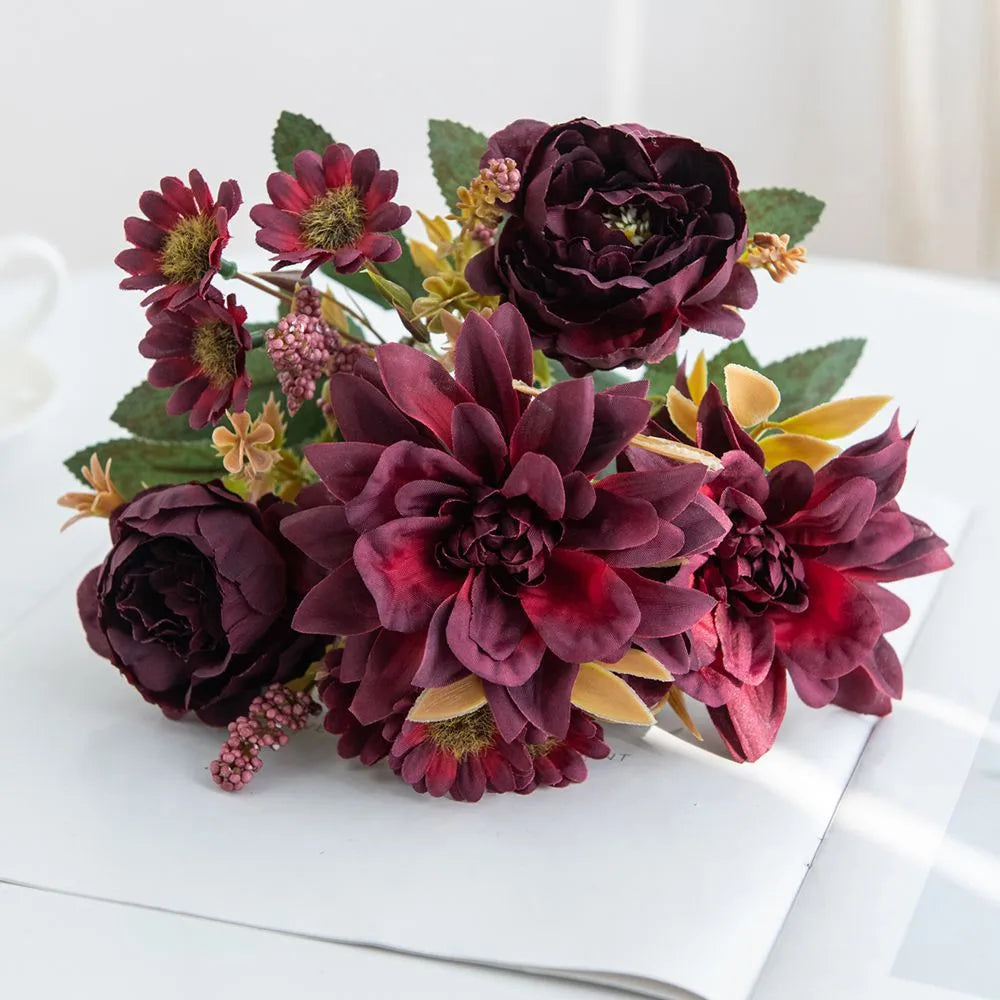 Hot sales Artificial Flowers Silk Dahlia Rose daisy Festival Home Wreath Decoration Bonsai Room Wedding Bridal Bouquet Diy gift
