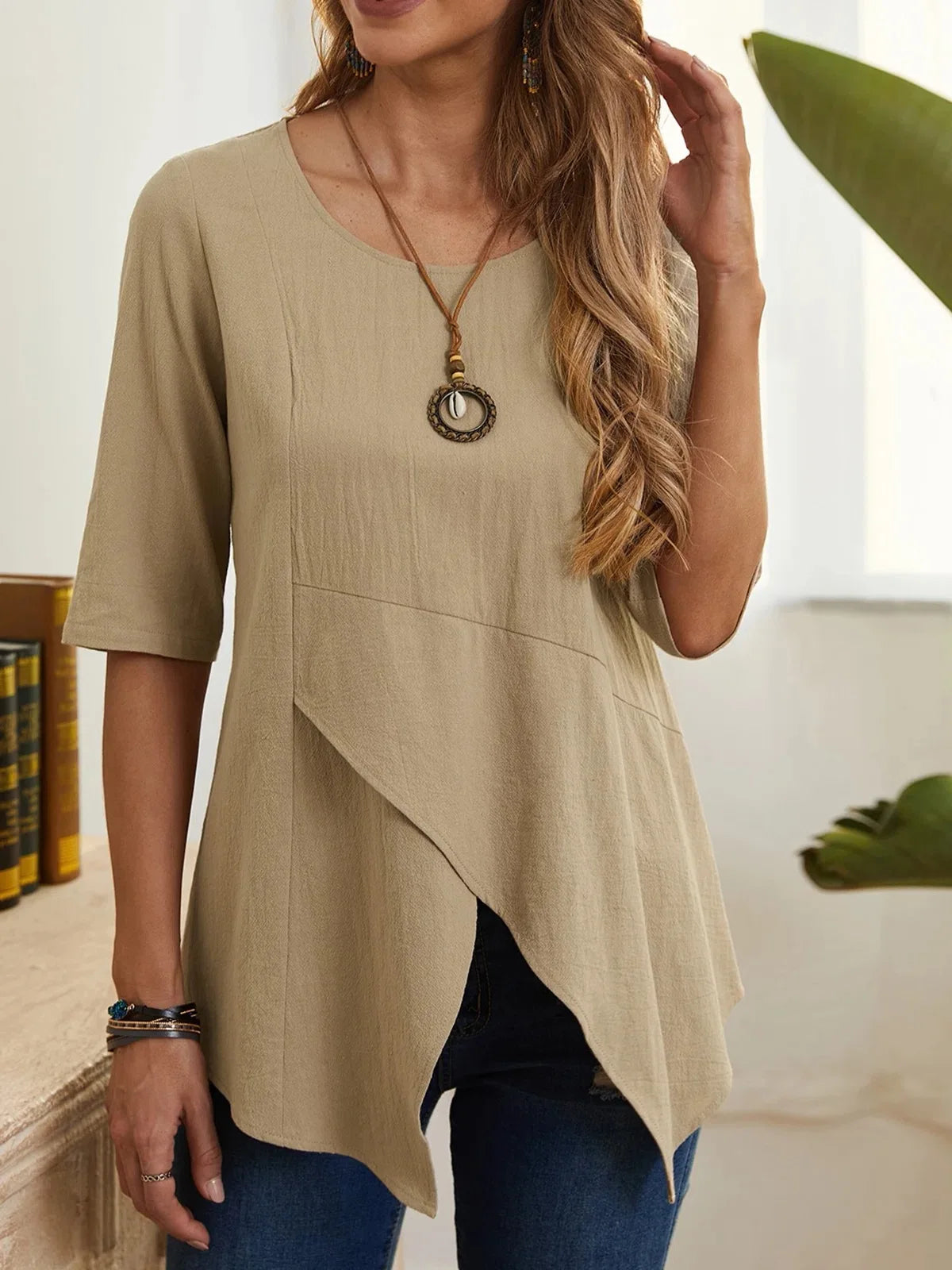 New women's clothing with fashionable temperament, casual commuting elegance, irregular slimming, mid sleeves, cotton and linen