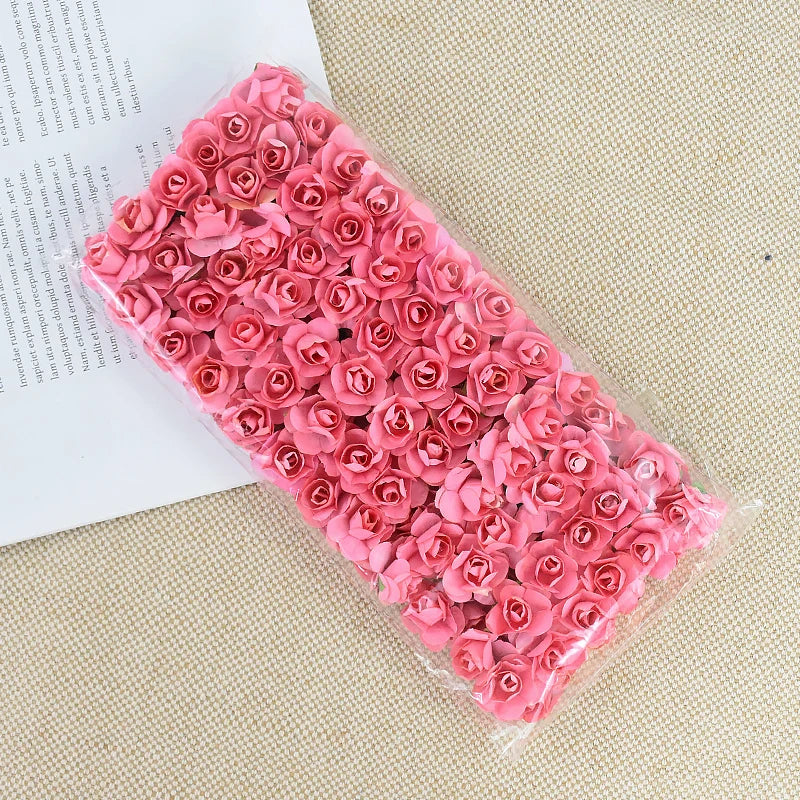 144pcs 2cm Artificial Mini Paper Rose Bouquet for Wedding Party Decoration Home DIY Wreath Gifts Scrapbooking Craft Fake Flowers