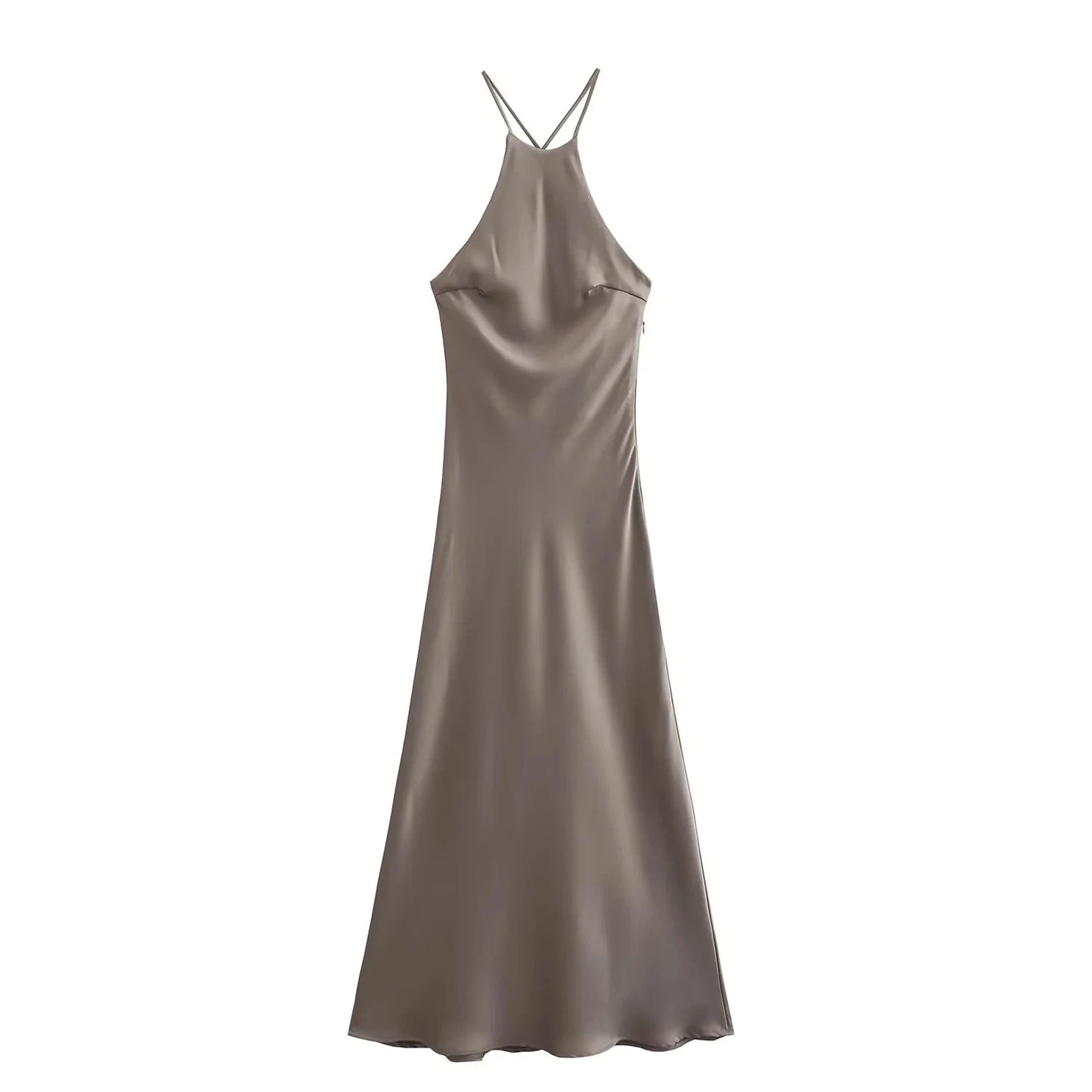 TRAFZA 2024 Women Fashion Sexy Backless Solid Green Satin Dress Sleeveless Halter Neck Slim Dress Eveninig Party Mujer Vestidos
