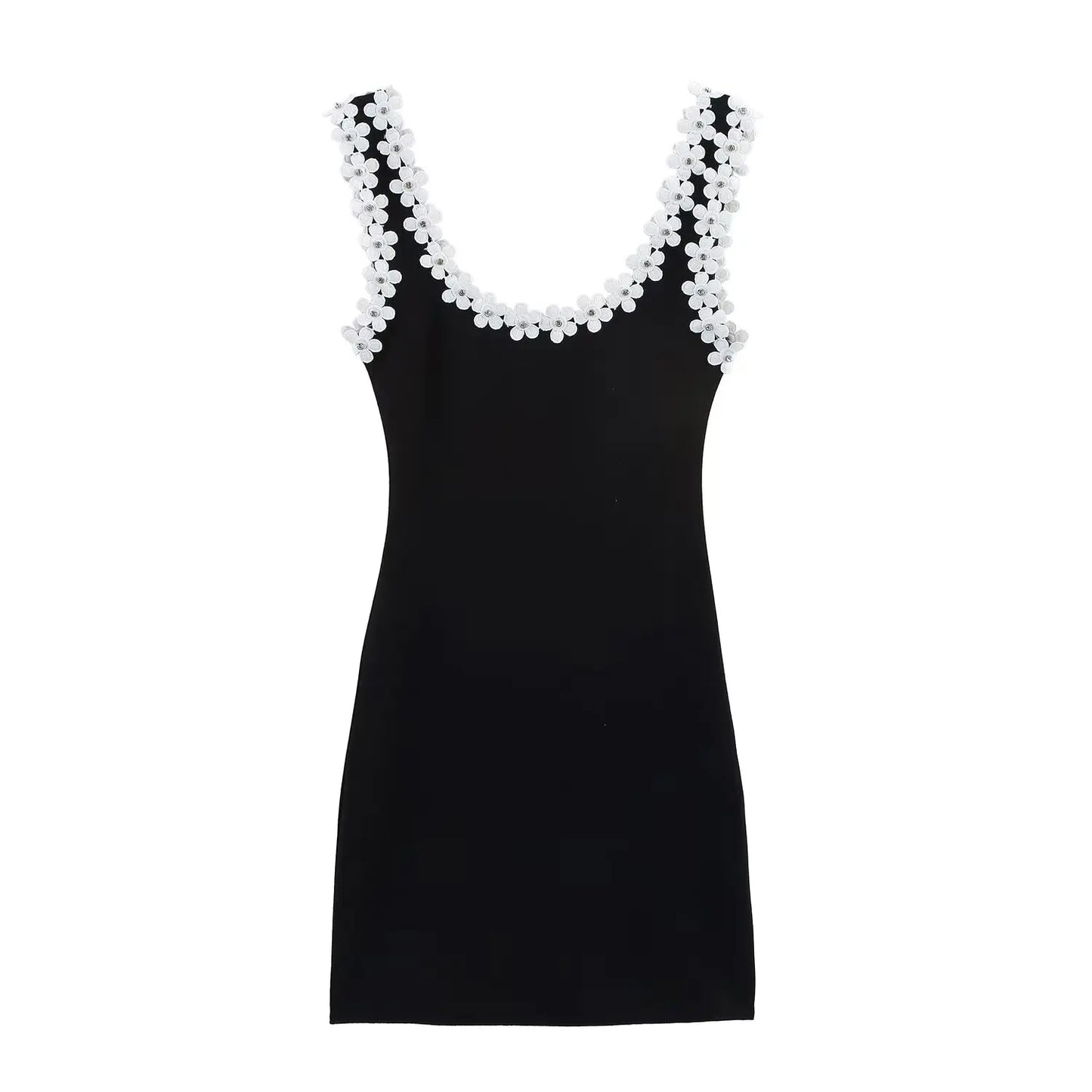 TRAFZA Female Summer Sexy Slim Dress 2 Color Solid Square Collar Sleeveless Backless Flower Decoration Women's Fashion Dresses