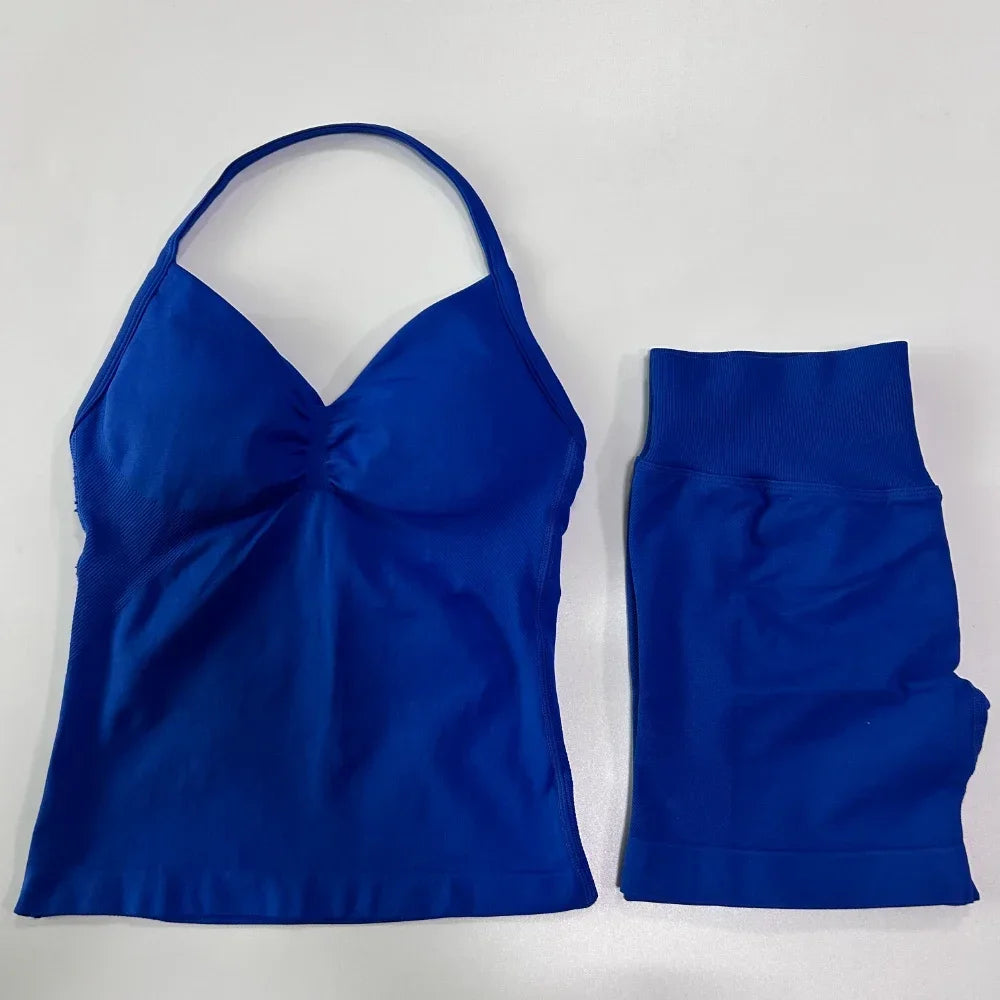 2 sets of sportswear, peach-bottomed shorts set, drawstring top, seamless impact tight shorts, yoga outfit, fitness set