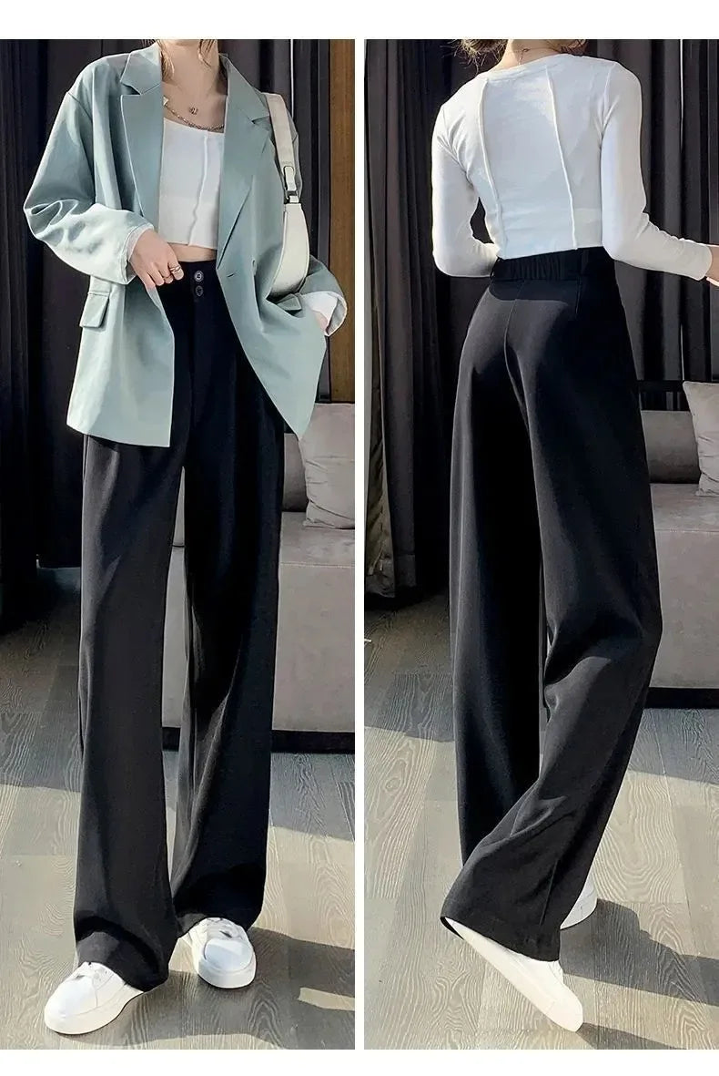 Elegant Wide Leg Pants Women Korean Style High Waist Black Baggy Pants Office Ladies Fashion Loose Suit Trousers Streetwear