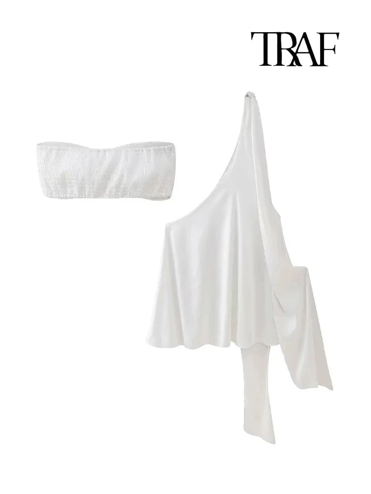 TRAF Women Fashion Sexy One Shoulder Lace Mini Dress Summer White Sleeveless Hollow Out Swimwear Dress Pleated Shawl Beach Robe