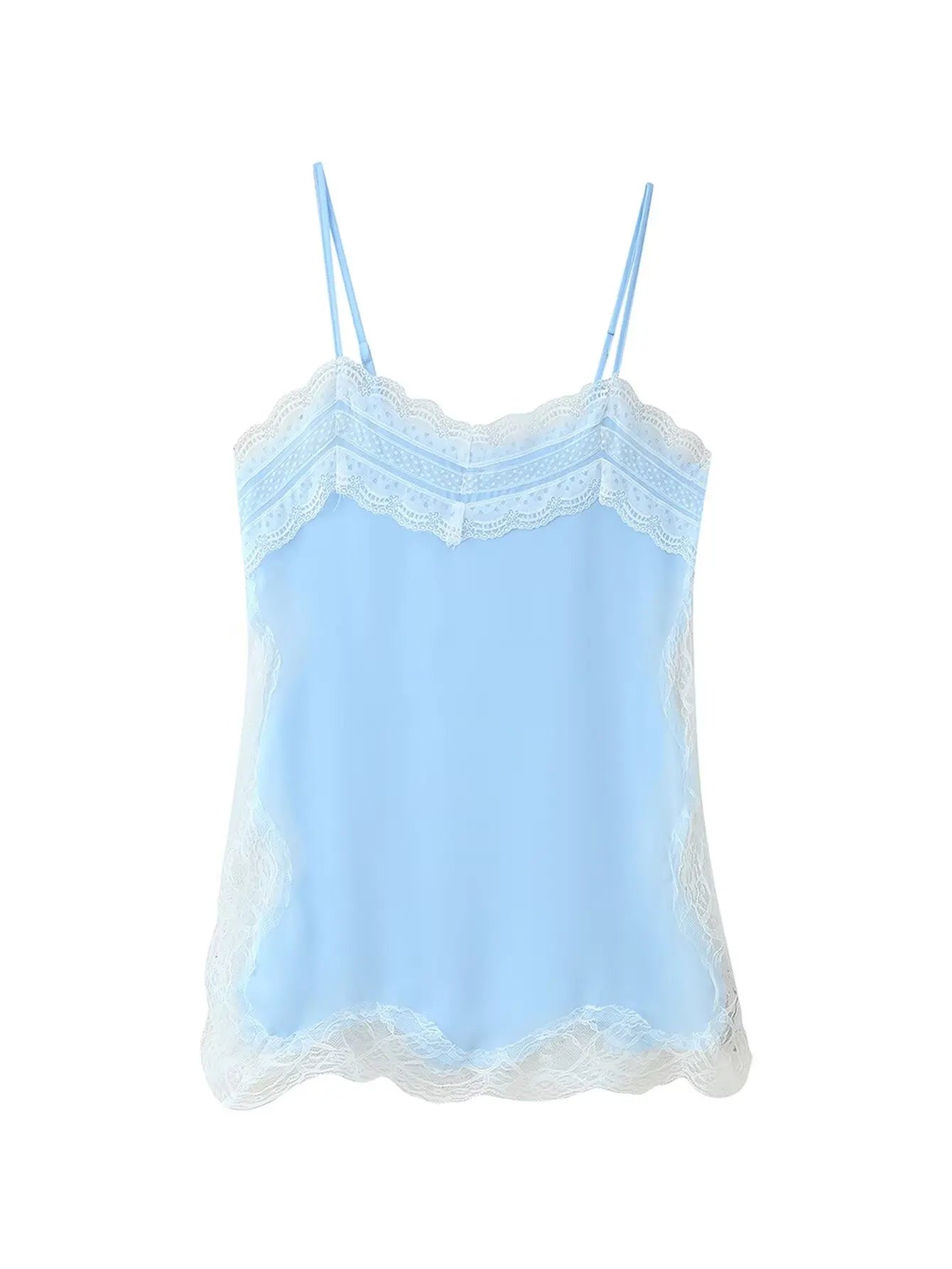TRAFZA Female 2025 Summer Fashion V-neck Lace Spliced Split Sling Top Women Chic Sexy Backless Party Style Casual Camisole Top
