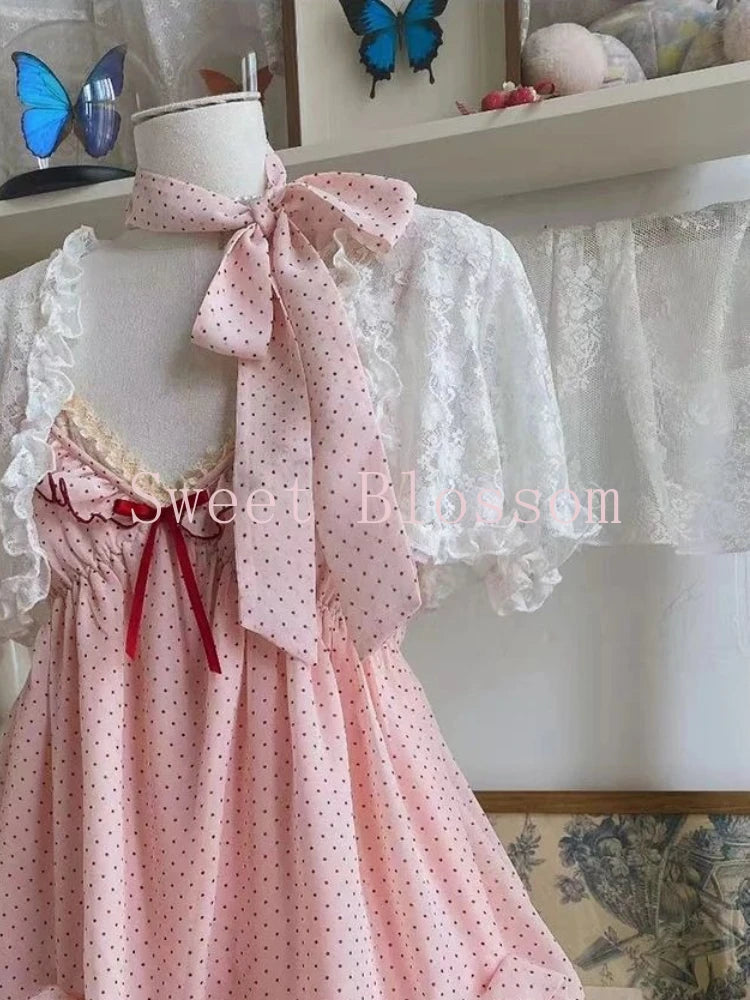 Japanese Fashion Sweet Cute 2 Piece Set Women Mini Lace Tops + Polka Dot Dress New Fit Chic Kawaii Fluffy Retro Suit Summer 2025