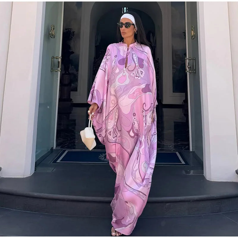 Geometric Print Cape Women's Set Loose Batwing Sleeve Top Flowy Maxi Skirt 2025 Summer Elegant Suit Holiday Fashion Lady Sets