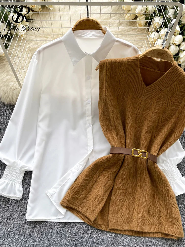 SINGREINY Korean Style Casual Tops Suits Lantern Sleeve Loose Shirt+Knitting Sweater Split Vest 2025 Women Autumn Basic Blouse