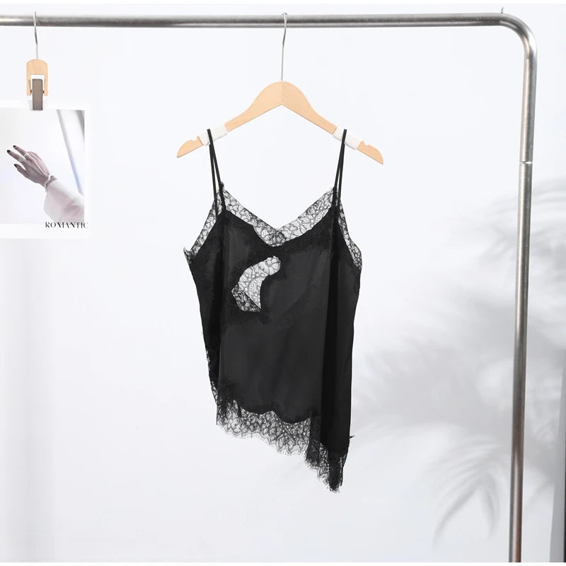 Sexy Lace Sling Tops Women Loose V Neck Sleeveless Backless See Through Top Female 2025 Summer Fashion Chic Solid Streetwears