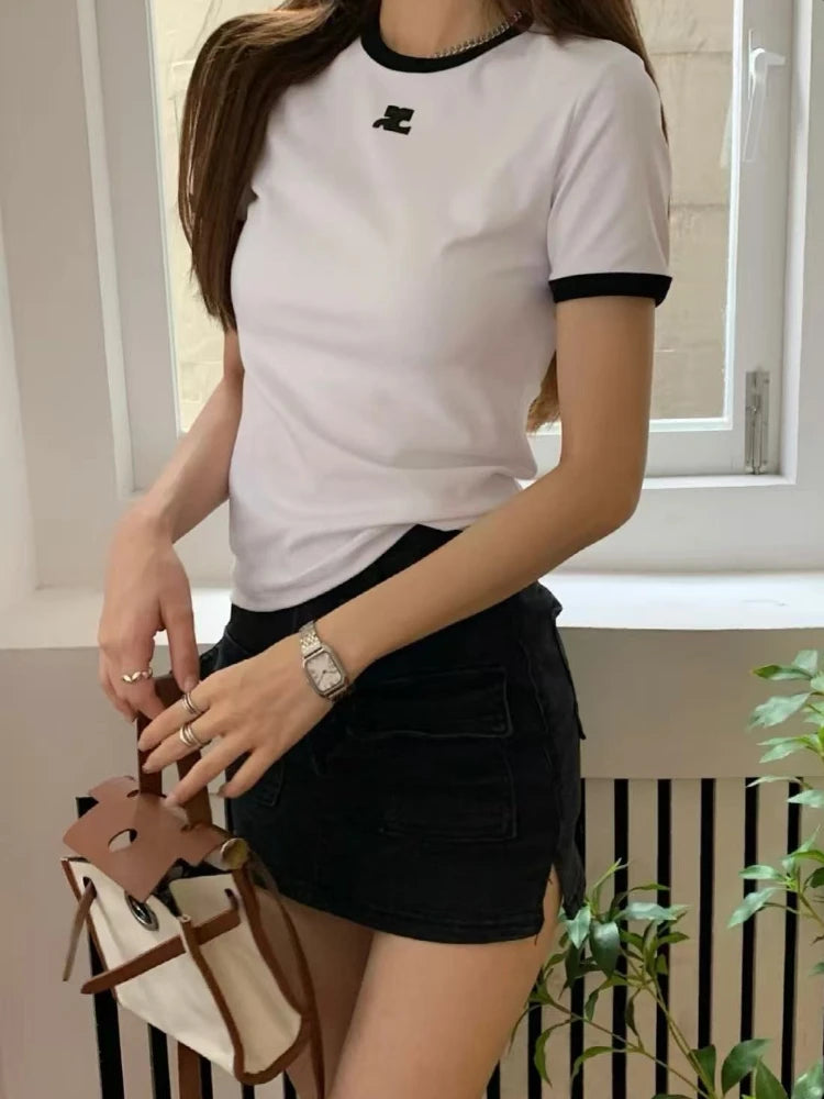 American Retro Short Sleeve T-shirt Women Streetwear Slim Fit Casual Embroidery Print Top Y2k Lady Korean Fashion Summer Clothes