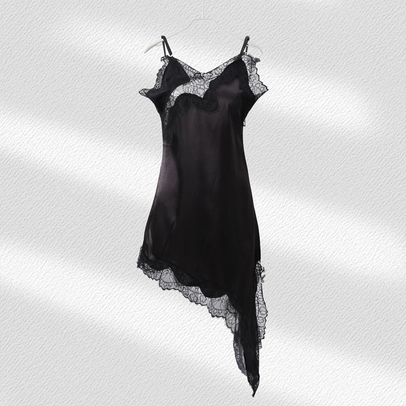 Sexy Sling Satin Dress Women V Neck Backless Patchwork Lace Vestidos Female 2025 Summer Chic Fashion Evening Party Dresses