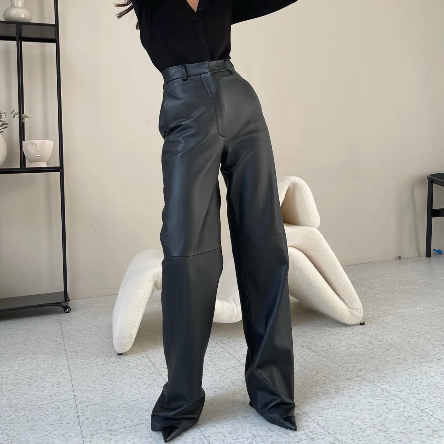 Fashion Solid Color PU Leather Pants Women 2025 New Trendy Lady Commuting Clothing High Waist Straight Trousers Women's Pants