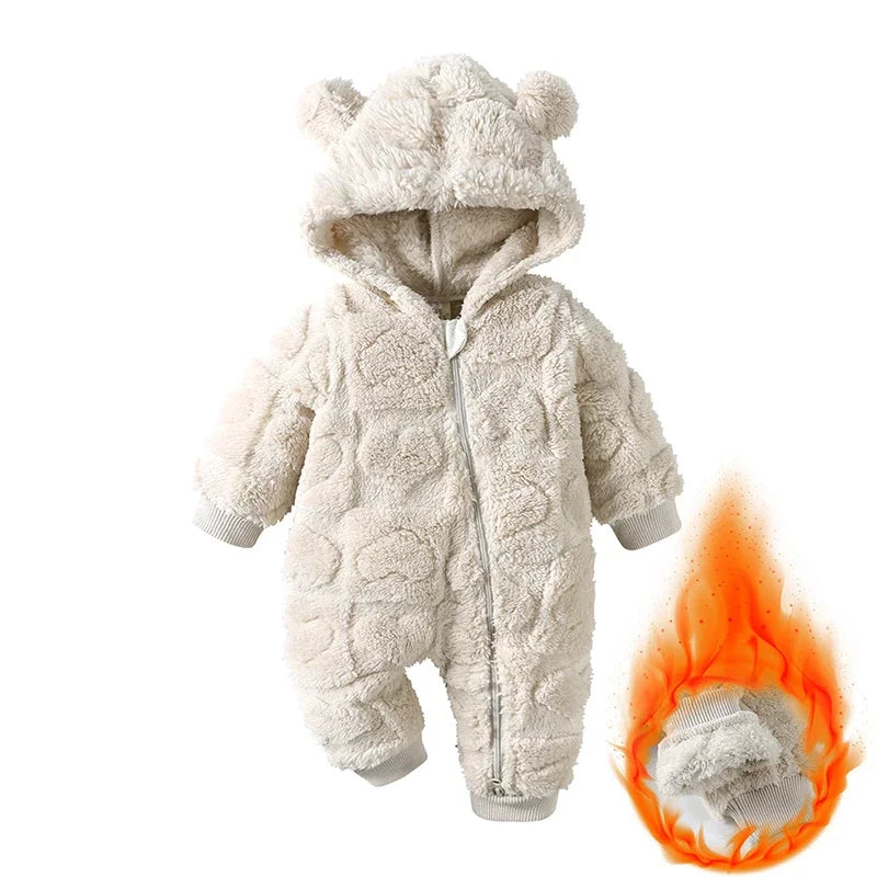 Cartoon Baby Clothes Boy Romper Long Sleeve Arctic Velvet Hooded Baby Girl Romper Winter Warm  Newborn Clothes 0-18 Months