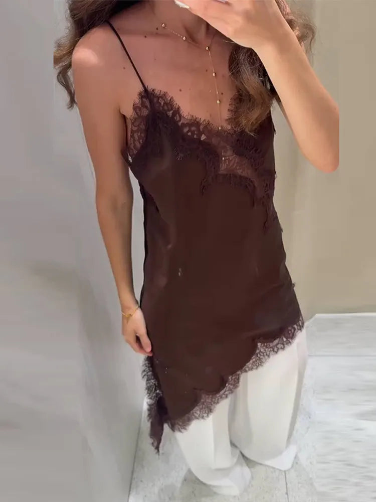 Y2K Sleeveless Backless Women Tank Tops Fashion Summer Lace Satin Patchwork Camisole Vest Chic New Evening Party Lady Top Street