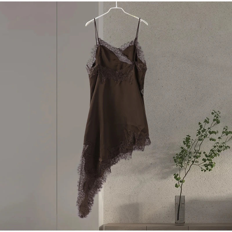 Sexy Sling Satin Dress Women V Neck Backless Patchwork Lace Vestidos Female 2025 Summer Chic Fashion Evening Party Dresses