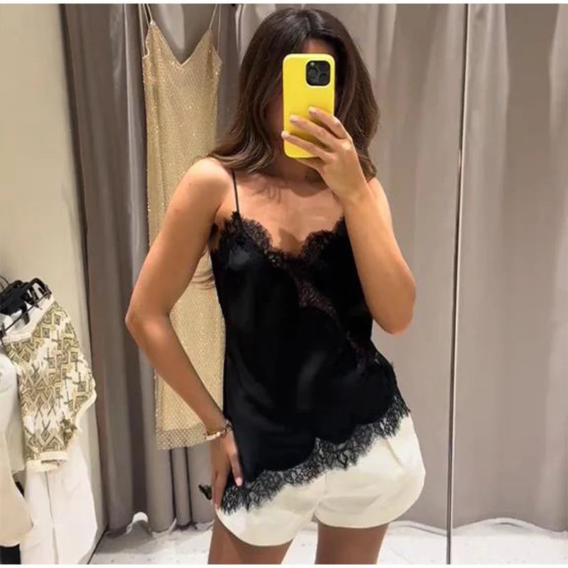 Sexy Lace Sling Tops Women Loose V Neck Sleeveless Backless See Through Top Female 2025 Summer Fashion Chic Solid Streetwears