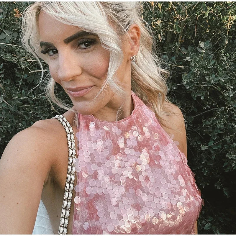 Halter Sequin Mini Dresses Sexy Sleeveless Backless Women Party Gown Fashion Solid Color Shiny Hanging Neck Beach Short Dresses