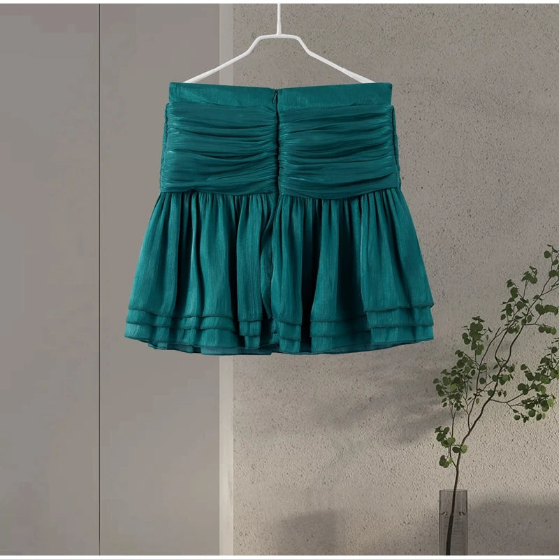 Bow Lace Up Top Pleated Short Skirt Two Piece Sets Casual Fashion Shirt Glitter Blouse High Waist Half Skirts Women's Clothing