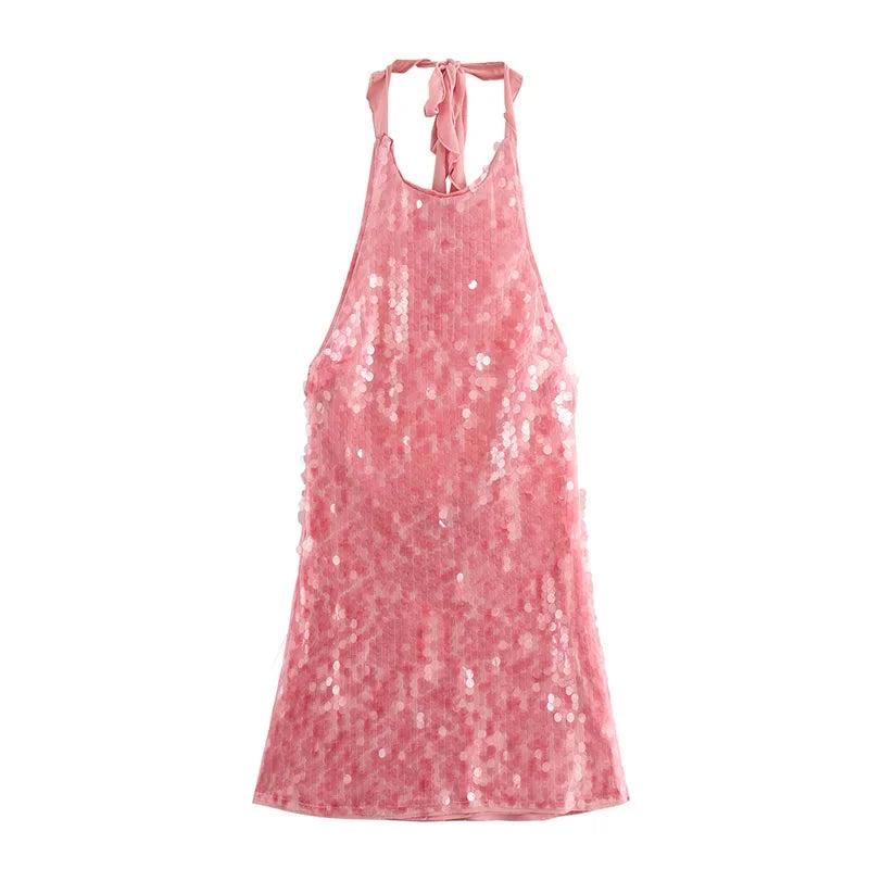 Halter Sequin Mini Dresses Sexy Sleeveless Backless Women Party Gown Fashion Solid Color Shiny Hanging Neck Beach Short Dresses