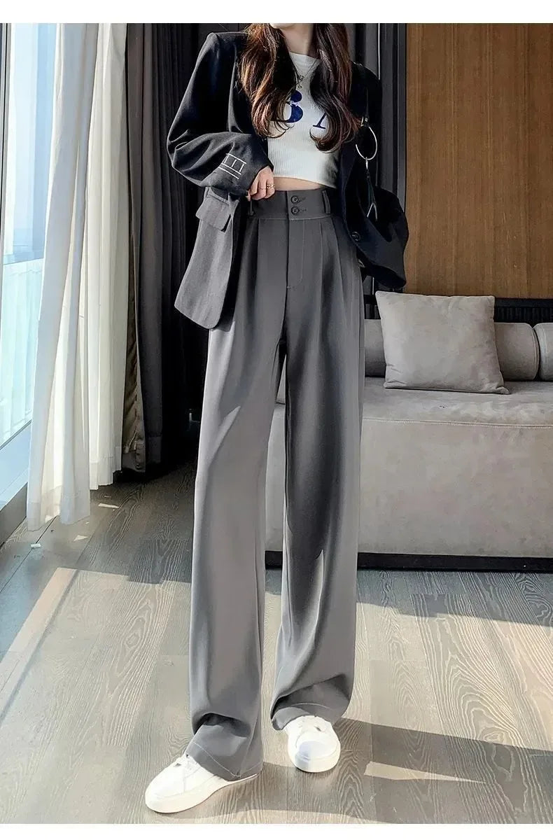 Elegant Wide Leg Pants Women Korean Style High Waist Black Baggy Pants Office Ladies Fashion Loose Suit Trousers Streetwear