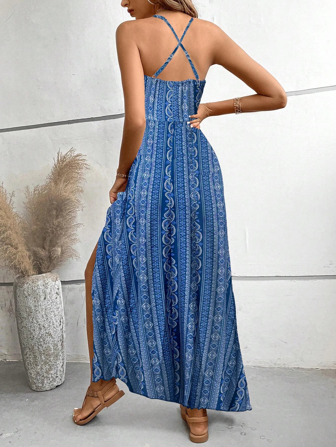 Women's Summer Ethnic Pattern Backless Split Thigh Dress Ladies Summer Clothes Boho Fashion Frill Trim Long Dress for Beach