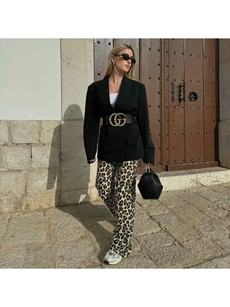 Women's Fashion and Casual Versatile Animal Print Straight Leg Pants Decorated Street Trousers Women's Slim Fit Zipper Trousers