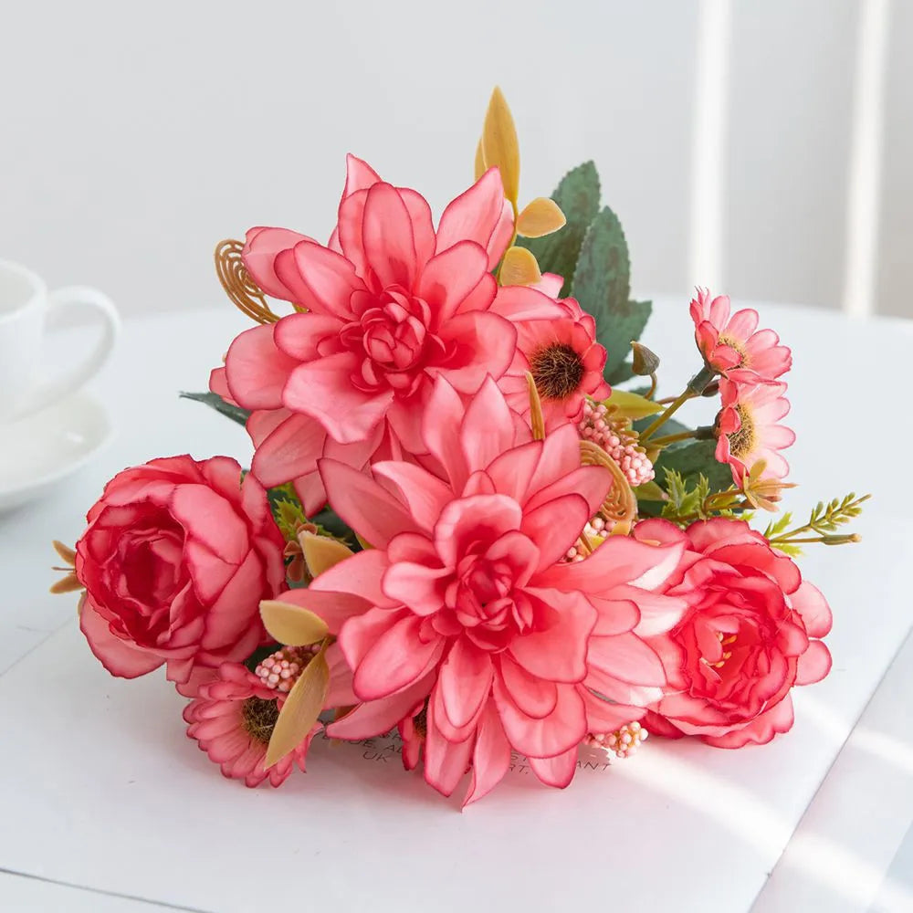Hot sales Artificial Flowers Silk Dahlia Rose daisy Festival Home Wreath Decoration Bonsai Room Wedding Bridal Bouquet Diy gift