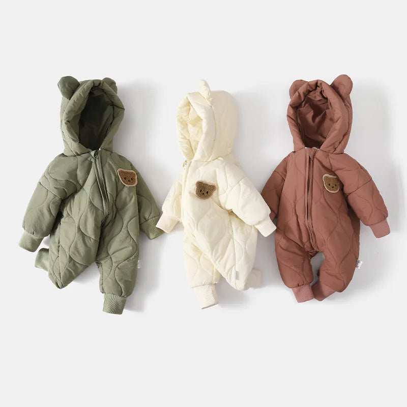 Winter Infant Babys Boys Rompers Cotton Fleece Thick Warm Toddler Kids Boys Jumpsuits Newborn Boys Bear Printed Hooded Onesies