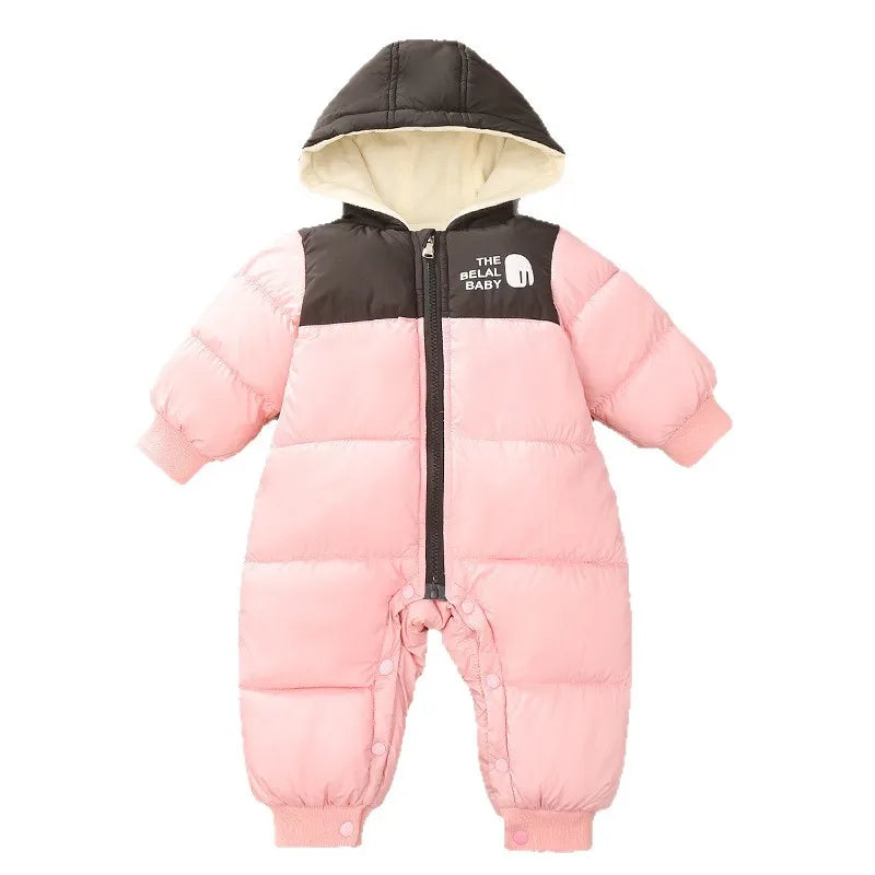 Infant Babys Girls Ski Suits Winter Spliced Letter Thicken Warm Newborn Girls Jumpsuits Plush Kids Girls Hooded Parkas Snowsuits