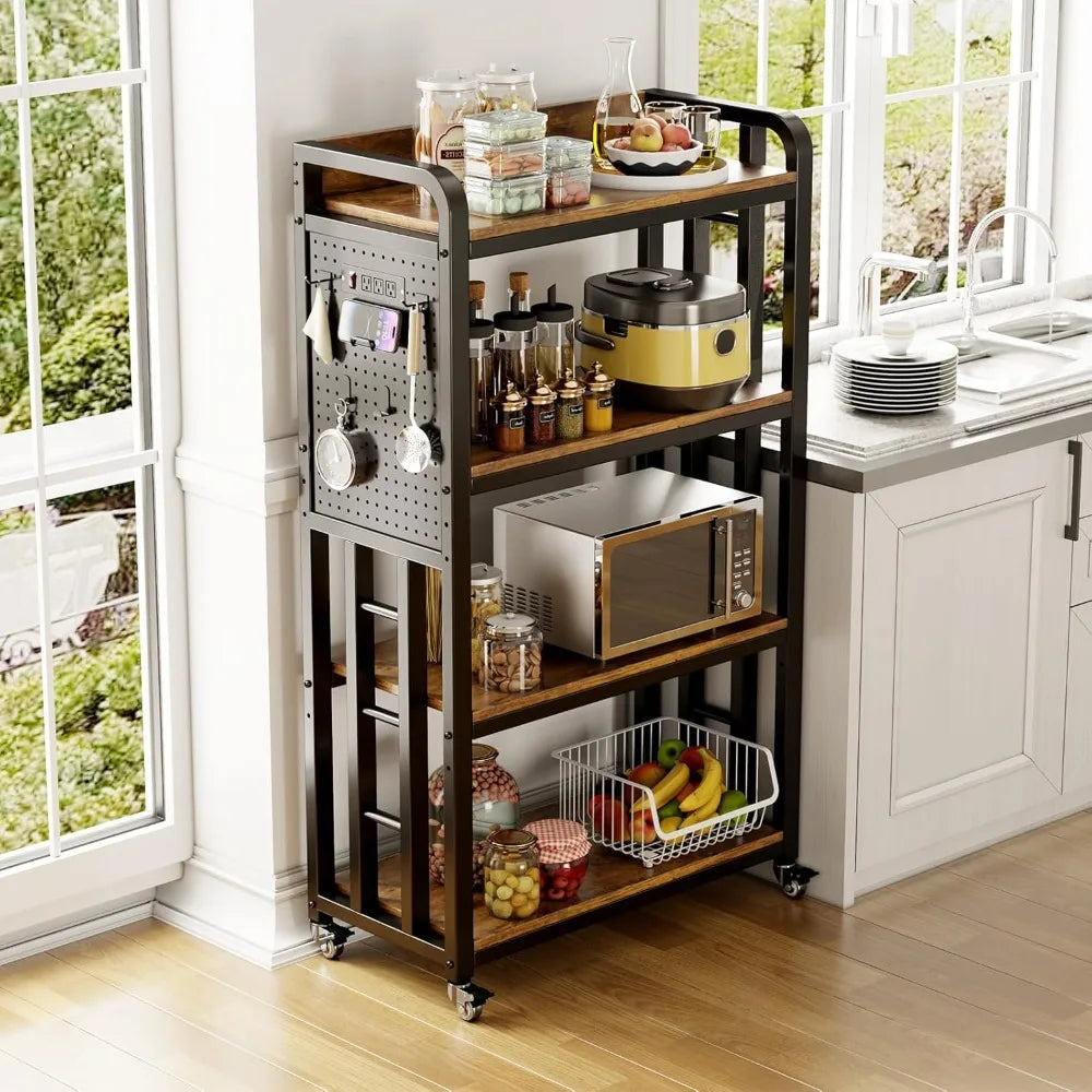 Kitchen Bakers Rack with Power Outlet,With pegboard Bakers Racks,Microwave Oven Stand with Storage 4 Tiers,microwave stand， for