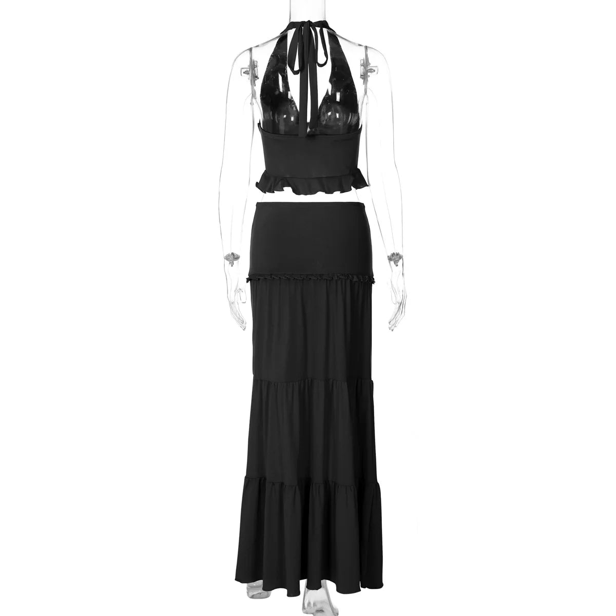 Cryptographic Elegant Two Piece Sets Sleeveless Frill Halter Twist Top Dress Sets Outfits Fashion Co-ord Sets Coquette Clothes