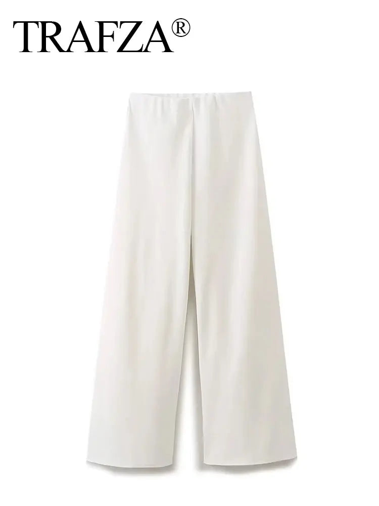 TRAFZA Women Fashion Vintage Solid Wide Leg Pants Elastic Waist Loose Casual Trousers For Woman 2024 Basic Pant