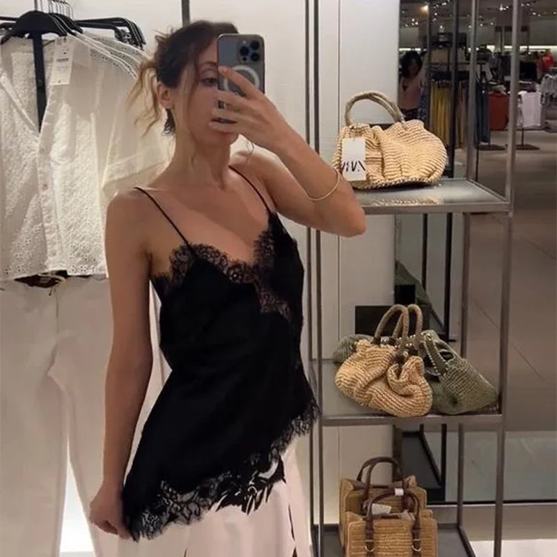 Y2K Sleeveless Backless Women Tank Tops Fashion Summer Lace Satin Patchwork Camisole Vest Chic New Evening Party Lady Top Street