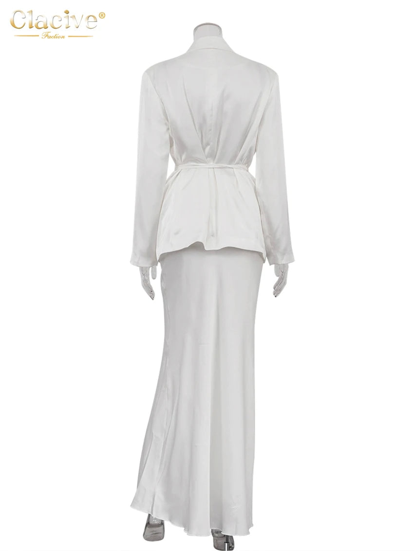 Clacive Fashion Loose White Satin 2 Piece Sets Women Outfit 2025 Elegant Long Sleeve Shirt With High Waist Long Skirt Set Female
