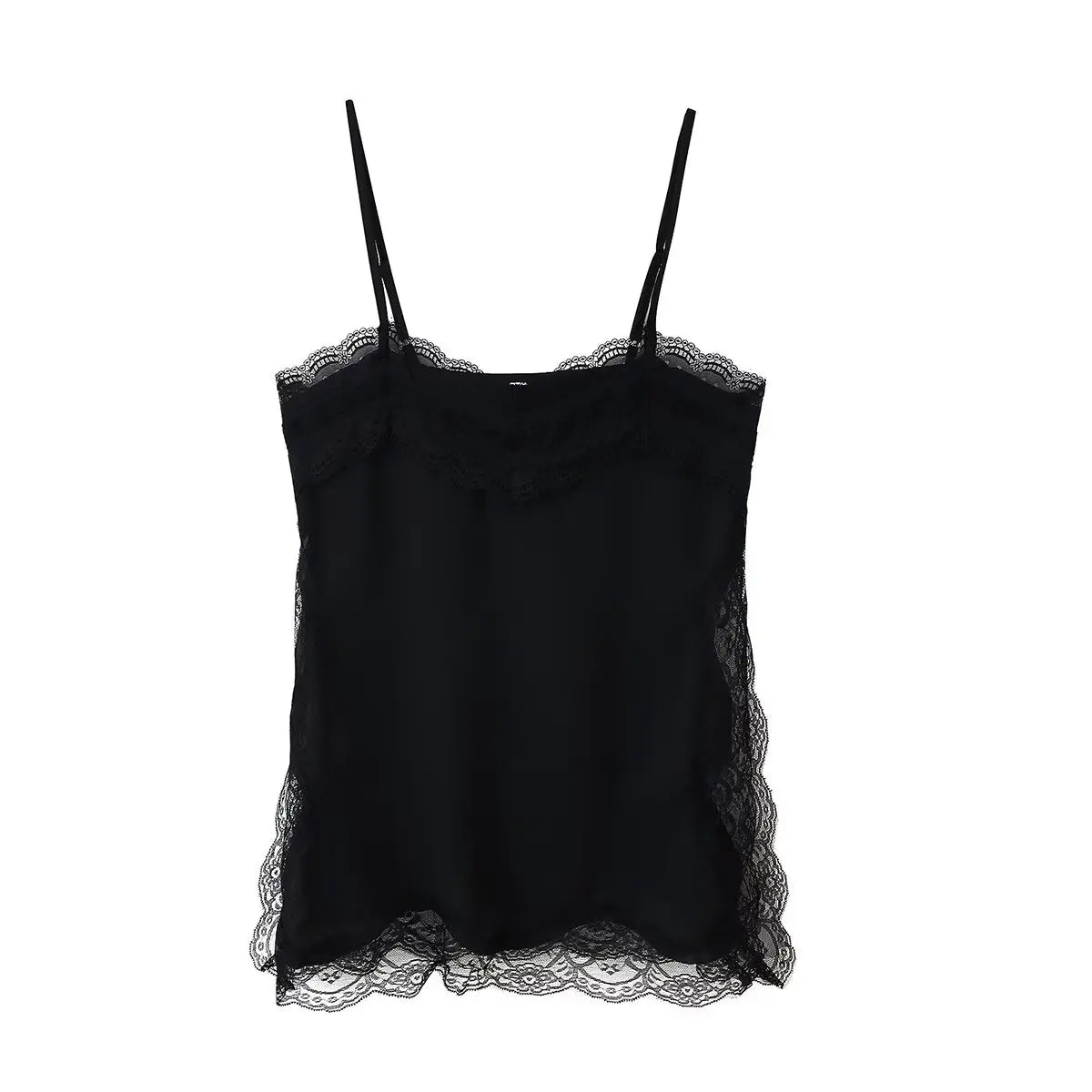 TRAFZA Female 2025 Summer Fashion V-neck Lace Spliced Split Sling Top Women Chic Sexy Backless Party Style Casual Camisole Top