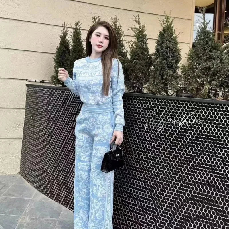 Autumn Winter Knitted Animal Pattern Wide Leg Pants Set round Neck Letter Print Two Piece Suite Elegant Fashionable Women's Wear