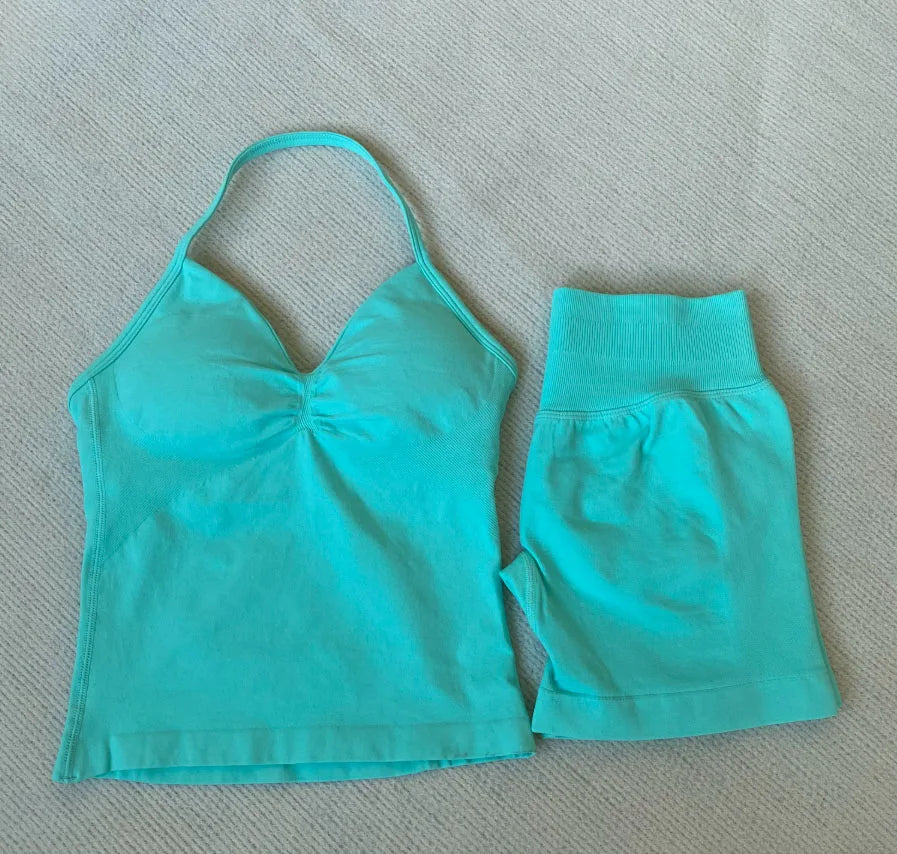 2 sets of sportswear, peach-bottomed shorts set, drawstring top, seamless impact tight shorts, yoga outfit, fitness set