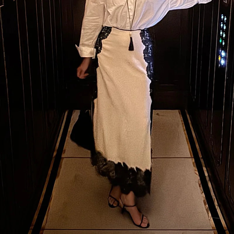 Lace Patchwork Vest Slit Skirts 2 Piece Set Woman V-Neck Sleeveless Sexy Tops Hollow Slim High Waist Skirt Fashion Out Suits