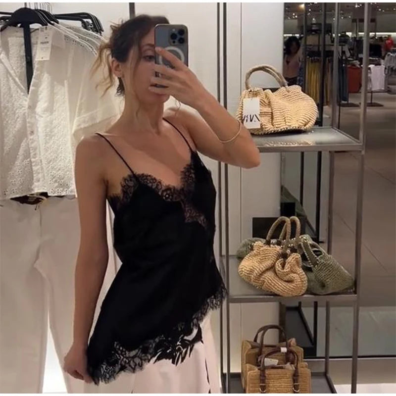 Sexy Lace Sling Tops Women Loose V Neck Sleeveless Backless See Through Top Female 2025 Summer Fashion Chic Solid Streetwears
